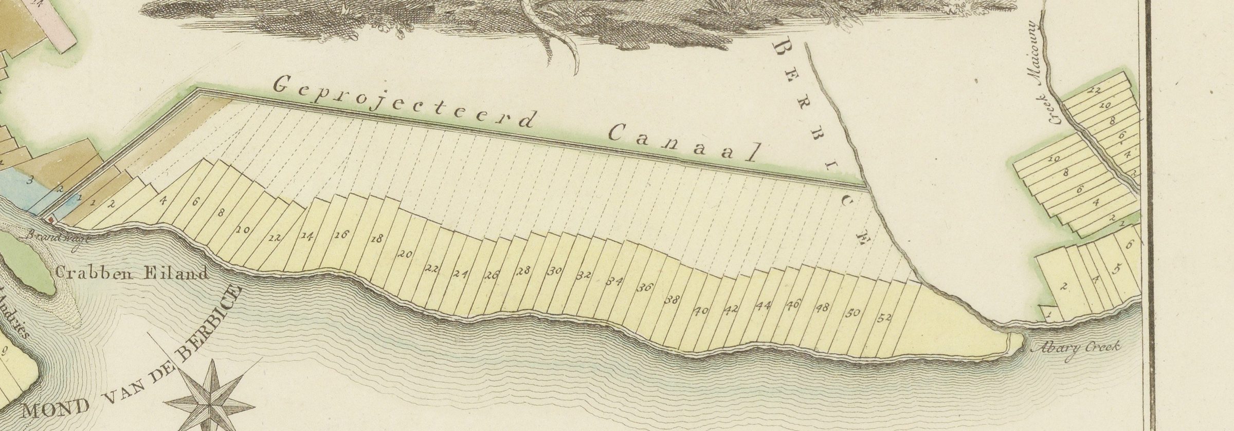The West Coast of Berbice on Bouchenroeder’s 1802 map, numbered 1 to 52 from the mouth to the Abary