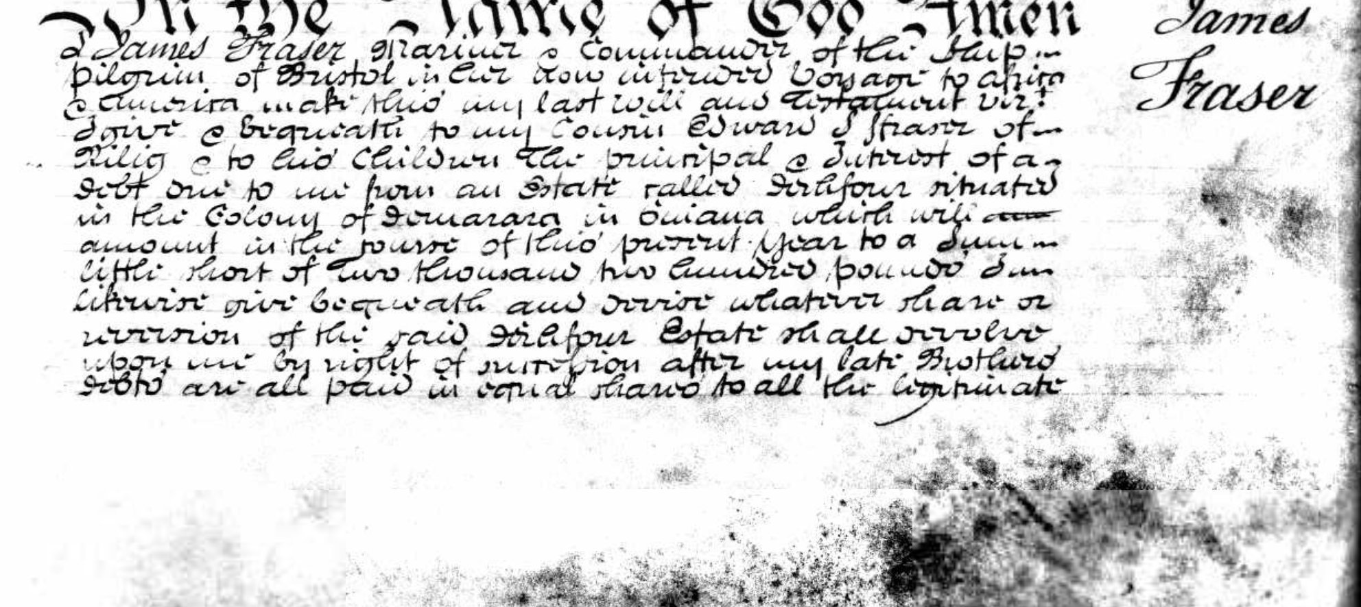 The opening of the will of James Fraser, mariner, 1797, in the PCC register